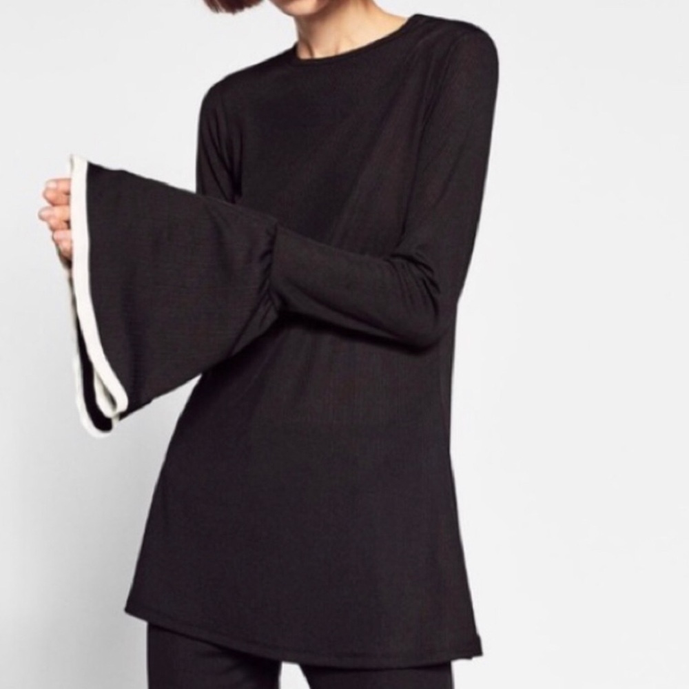 Zara Black Bell Flare Ribbed Long Sleeve Top Size S